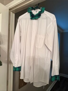 Upcycled Button-Up Shirt with Green Plaid Trim